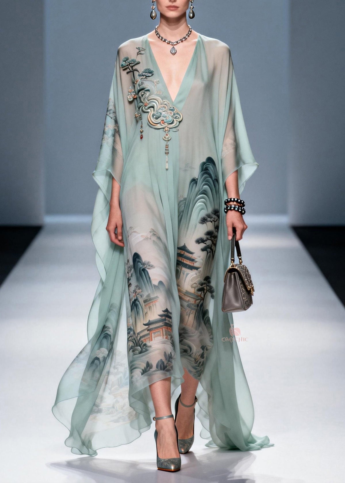 Original Design V Neck Print Chiffon Maxi Dress Summer - View 3