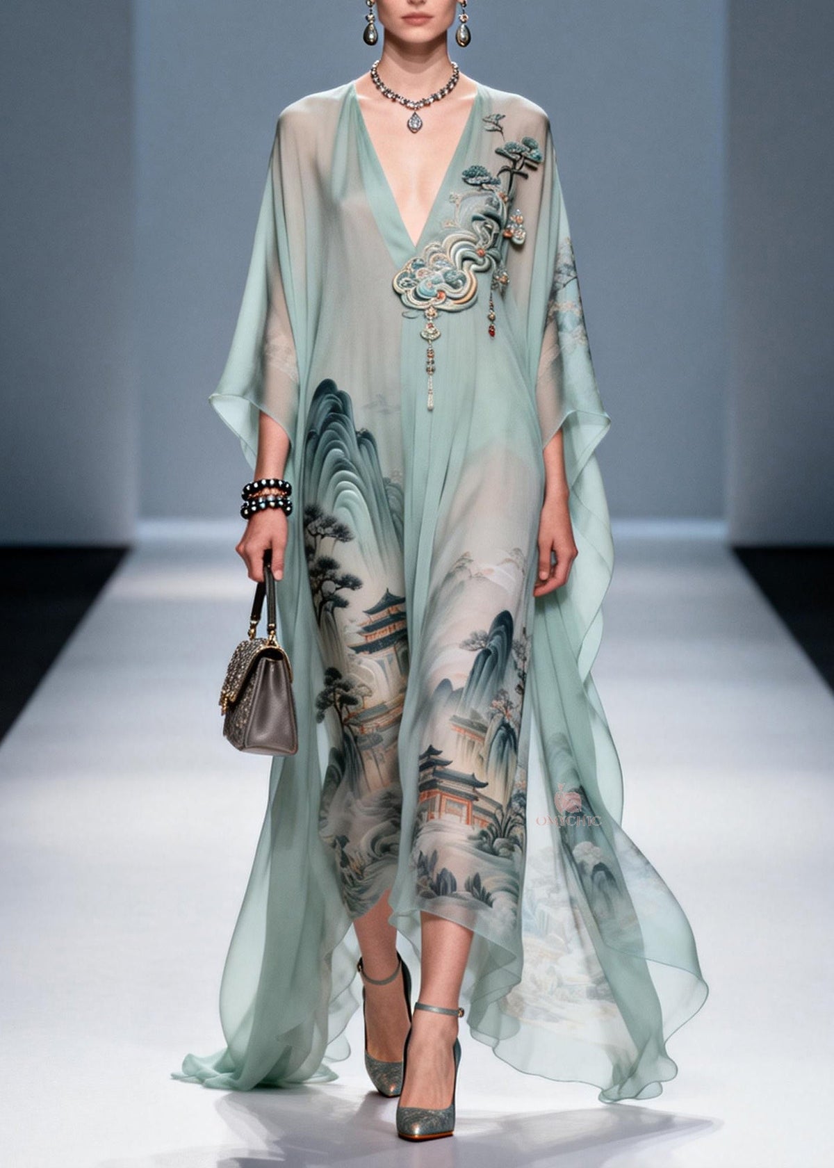 Original Design V Neck Print Chiffon Maxi Dress Summer - View 5