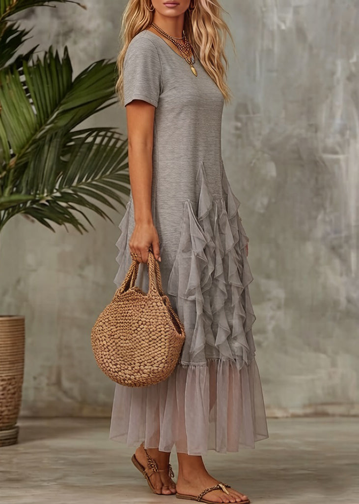Original Grey Ruffled Tulle Patchwork T Shirt Dress Summer - View 2