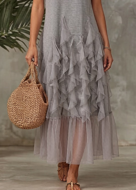 Original Grey Ruffled Tulle Patchwork T Shirt Dress Summer - View 5