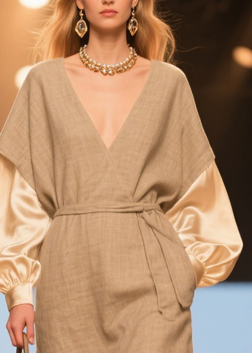 V-Neck Tie Waist Woven Satin Puff Sleeve Mini Dress - View 2