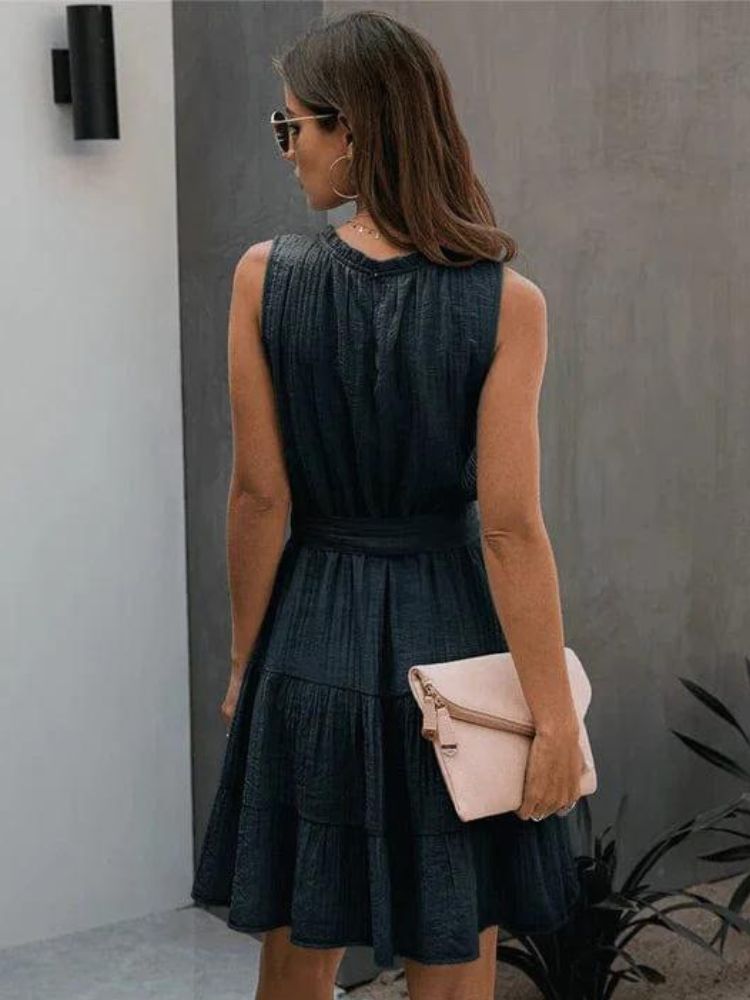 Ruffle Mock Neck Sleeveless Tie Waist Tiered Summer Mini Dress - View 2