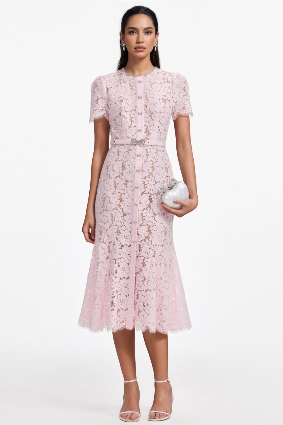 Ariela Pink Lace Bow Trim Midi Dress