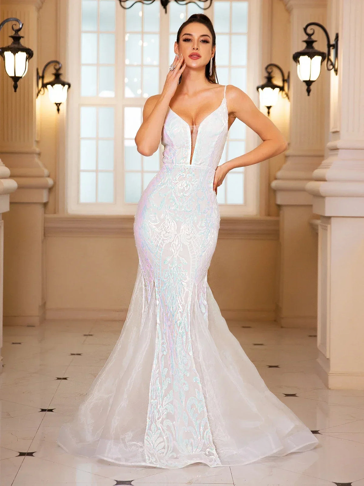 Padded V-Neck Sequin Party Dress White / S Partydress-241208