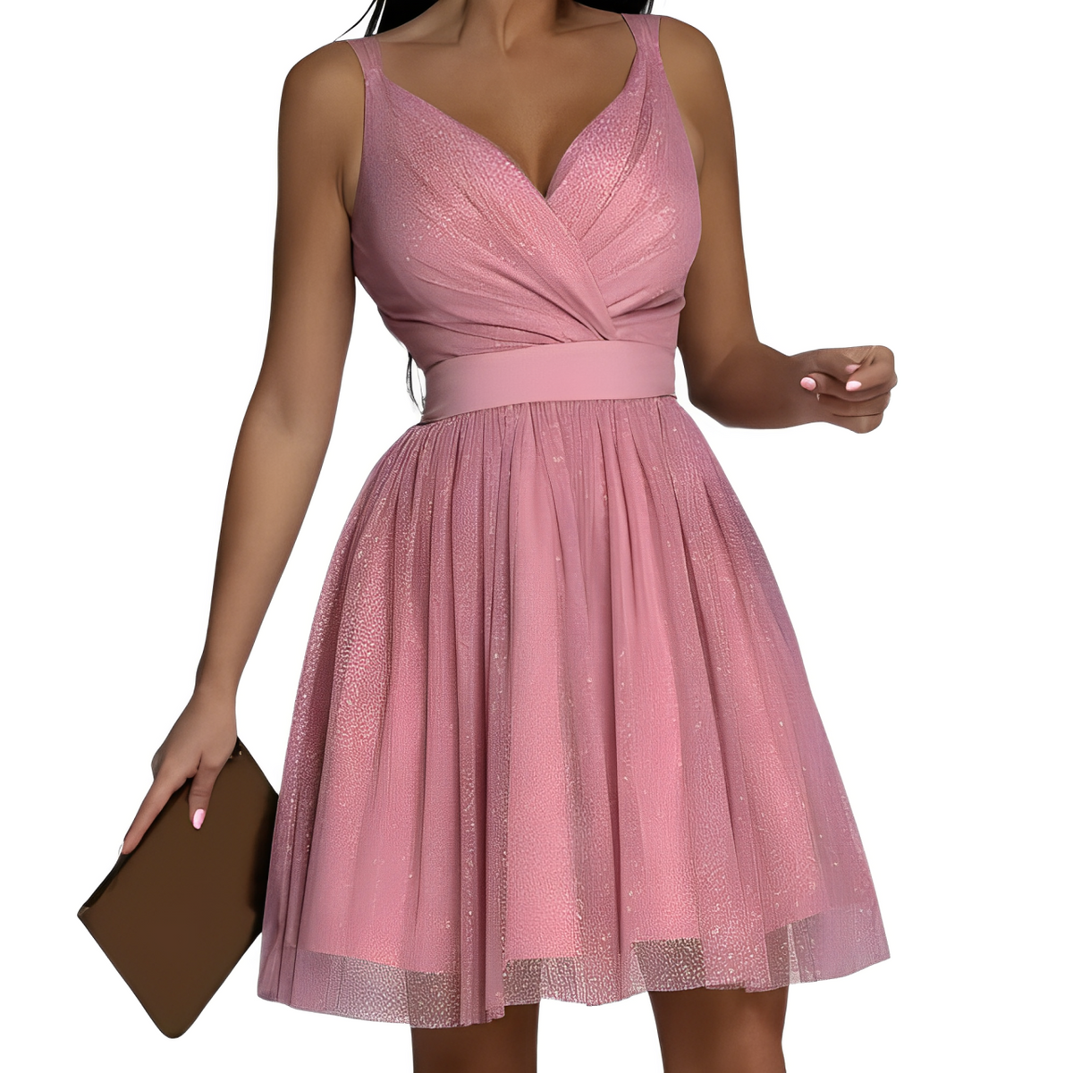 Sequin Tulle Back Tie Bow Wide Strap Fit and Flare Mini Party Dress - View 4