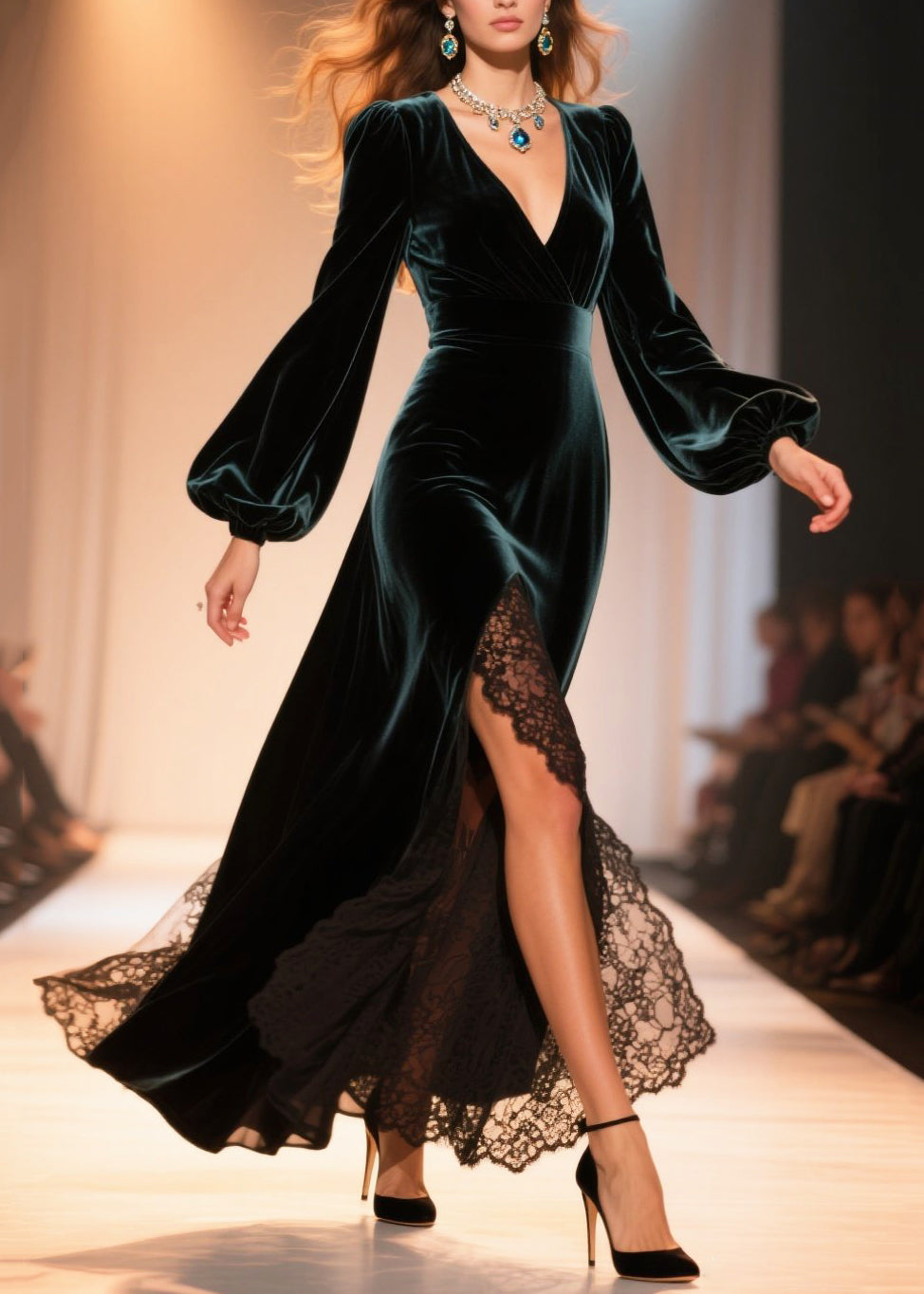 Velvet Deep V-Neck Bishop Sleeve Lace Border High Split Maxi Gown - View 5