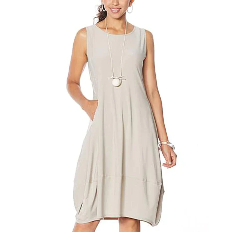 Sleeveless Scoop Neck Pocket Lantern Hem A-Line Midi Dress