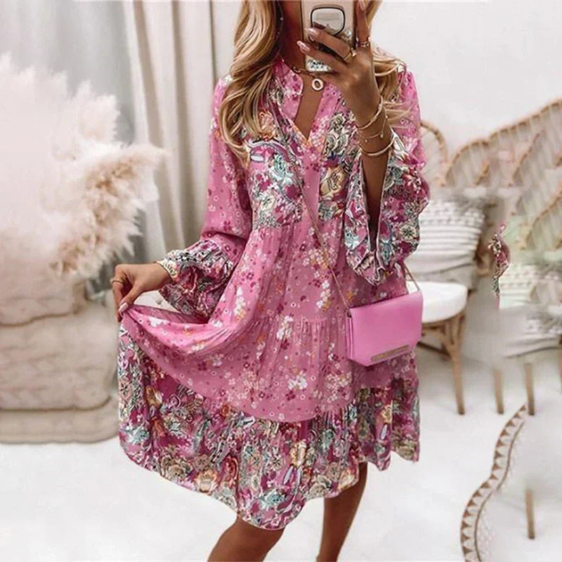 Stand Collar V-Neck Button Front Lantern Sleeve Tiered Mini Dress - View 4