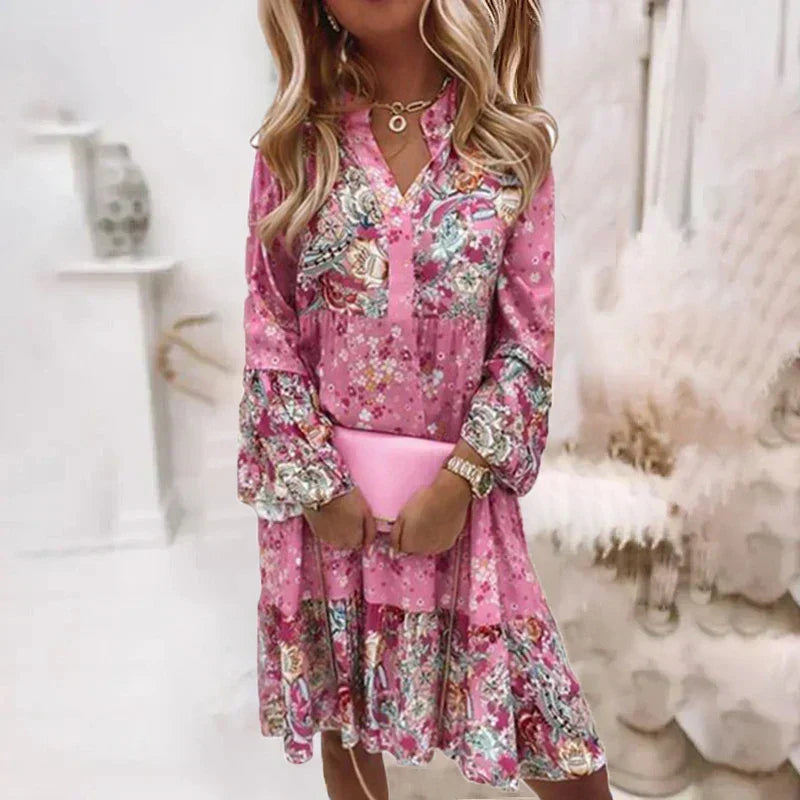 Stand Collar V-Neck Button Front Lantern Sleeve Tiered Mini Dress - View 5