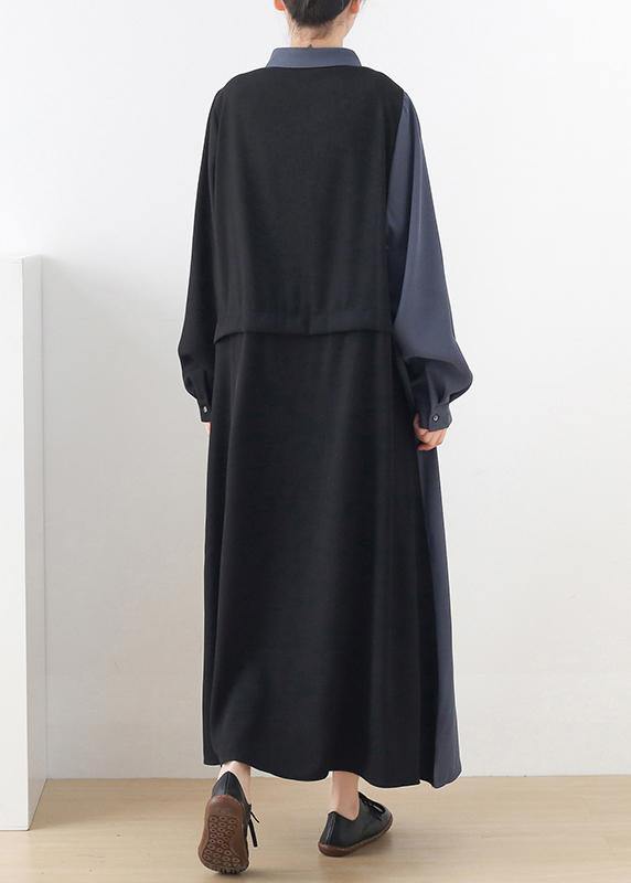 Long Sleeve Button Down Split Panel Flap Pocket Shirt Maxi Dress - View 4