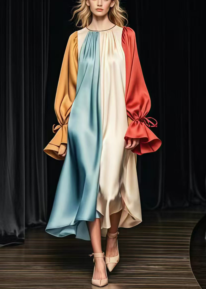Colorblock Satin Balloon Sleeve Tie Cuff Midi Dress