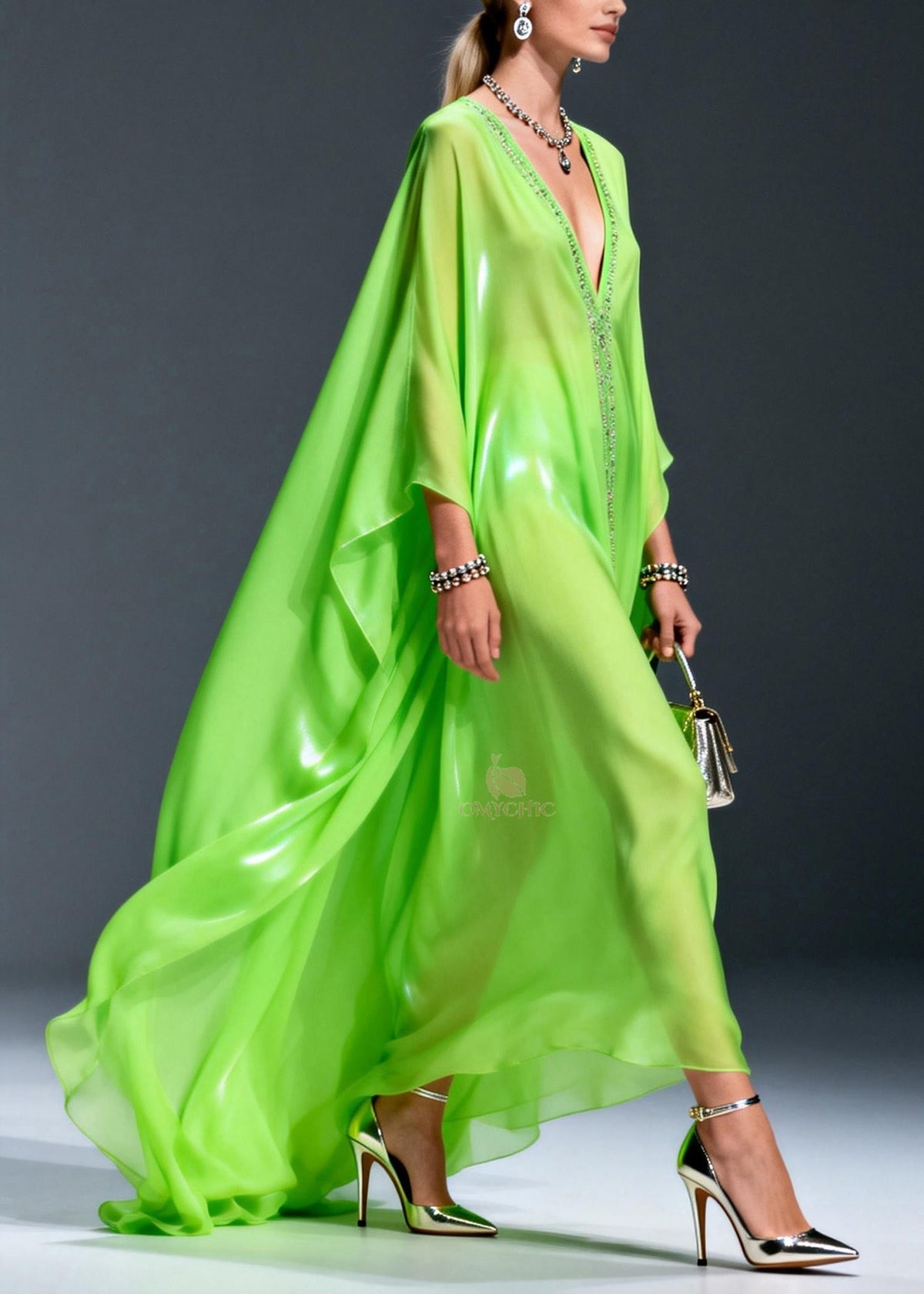 Rhinestone Trim Deep V-Neck Long Cape Sleeve Sheer Maxi Gown - View 3