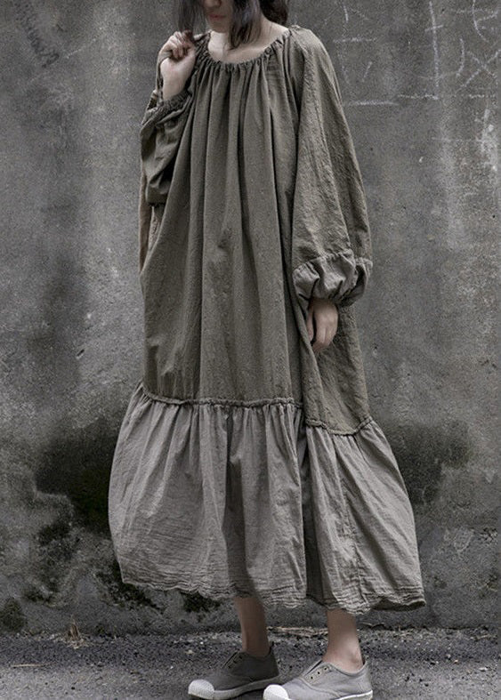 Woven Gathered Neck Drawstring Back Lantern Sleeve Maxi Dress - View 3