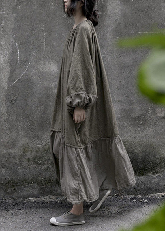 Woven Gathered Neck Drawstring Back Lantern Sleeve Maxi Dress - View 5