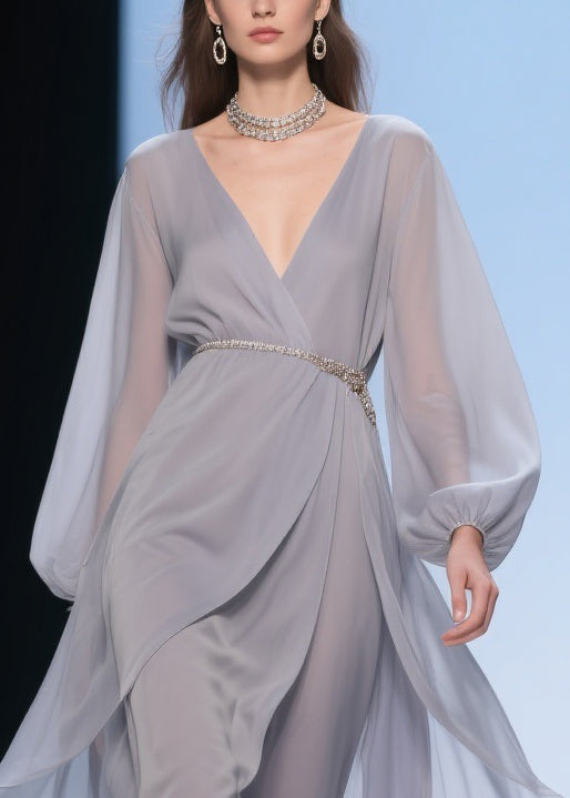 Chiffon Wrap Deep V-Neck Balloon Sleeve Beaded Belt High Low Maxi Gown - View 2