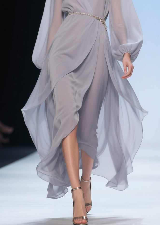 Chiffon Wrap Deep V-Neck Balloon Sleeve Beaded Belt High Low Maxi Gown - View 4