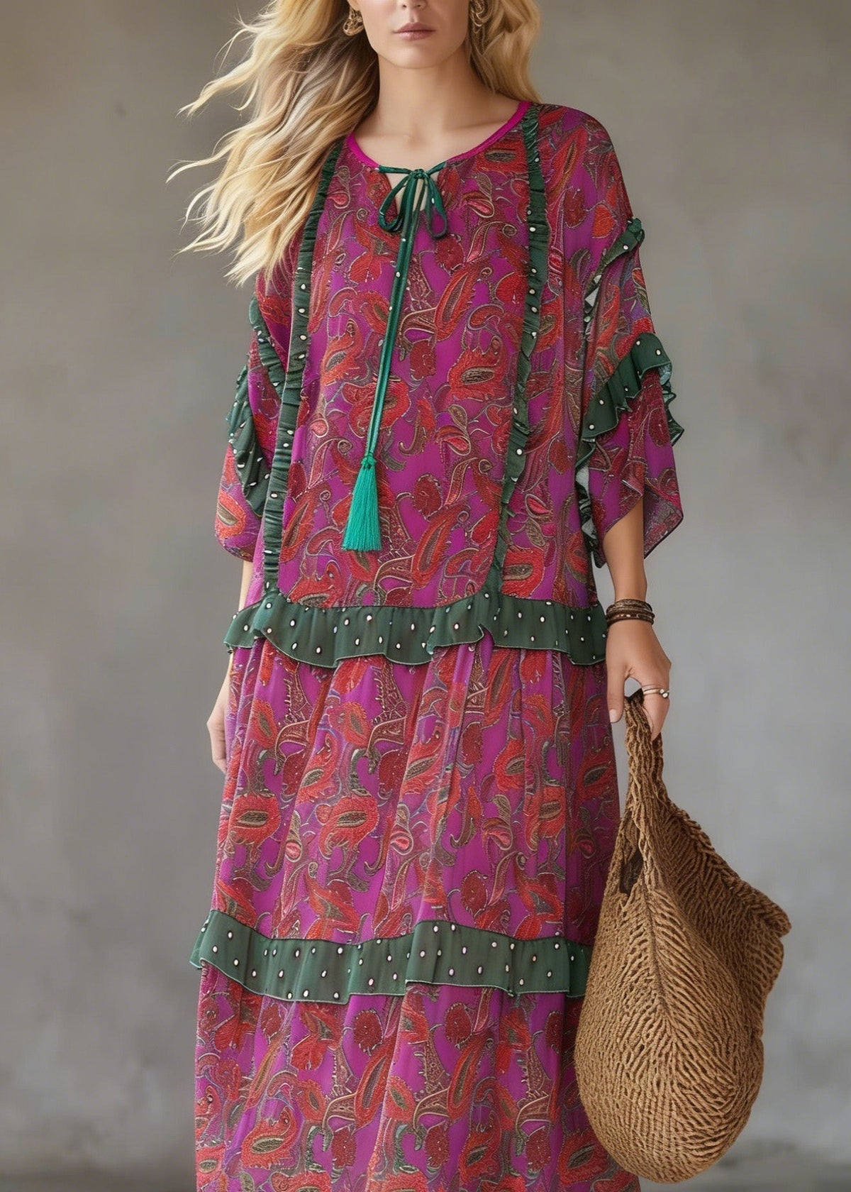Plus Size Purple Red Print Ruffled Chiffon Party Dress Summer - View 2