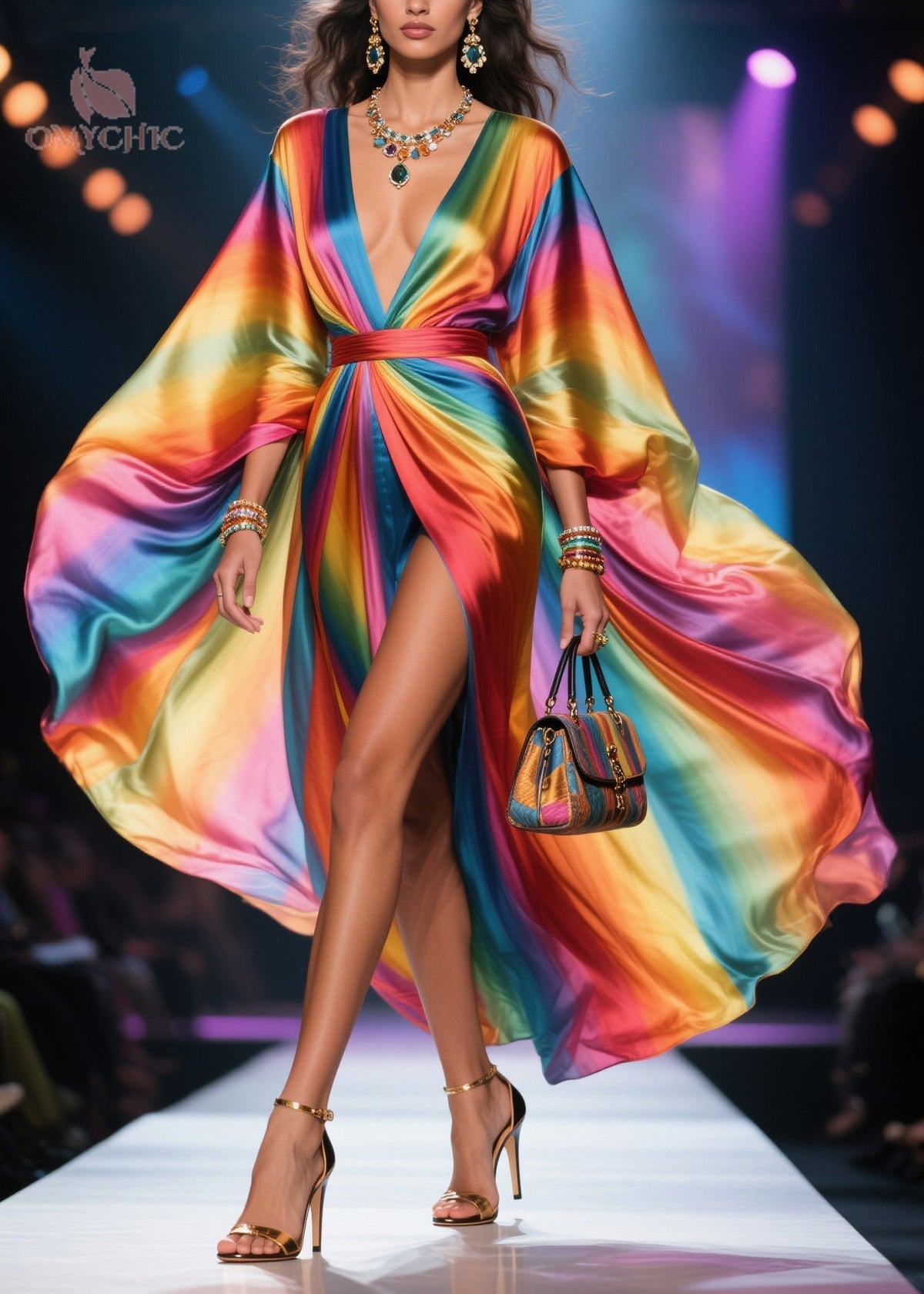 Deep V-Neck Satin Kimono Sleeve High Split Kaftan Maxi Dress - View 3