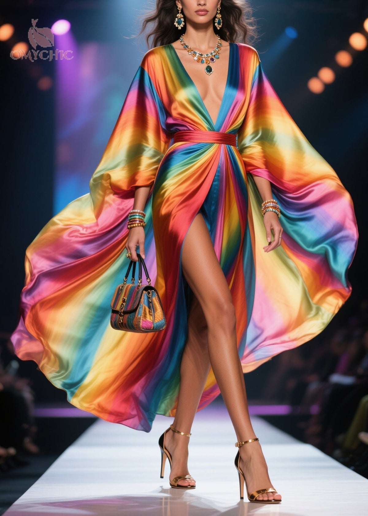 Deep V-Neck Satin Kimono Sleeve High Split Kaftan Maxi Dress - View 5
