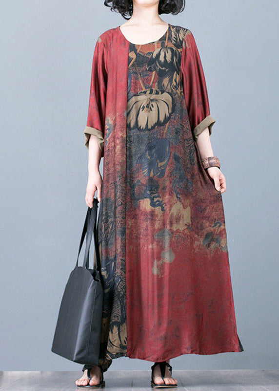 Round Neck Three Quarter Sleeve Abstract Floral A-Line Maxi Dress - View 2