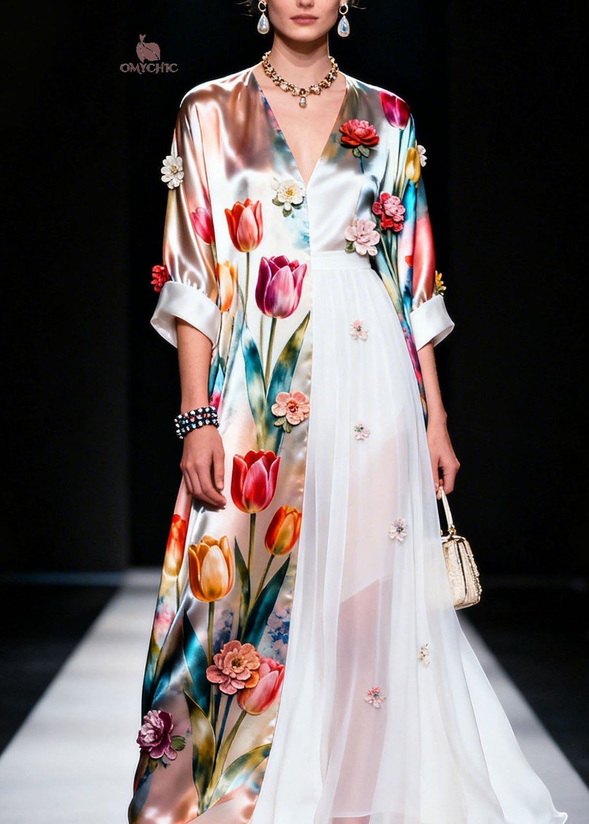 Tulip Floral Satin Chiffon Panel V-Neck Three-Quarter Maxi Gown - View 2