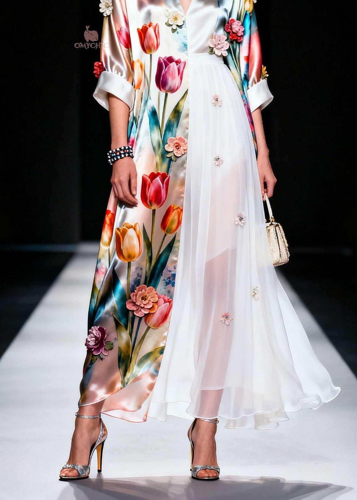 Tulip Floral Satin Chiffon Panel V-Neck Three-Quarter Maxi Gown - View 4