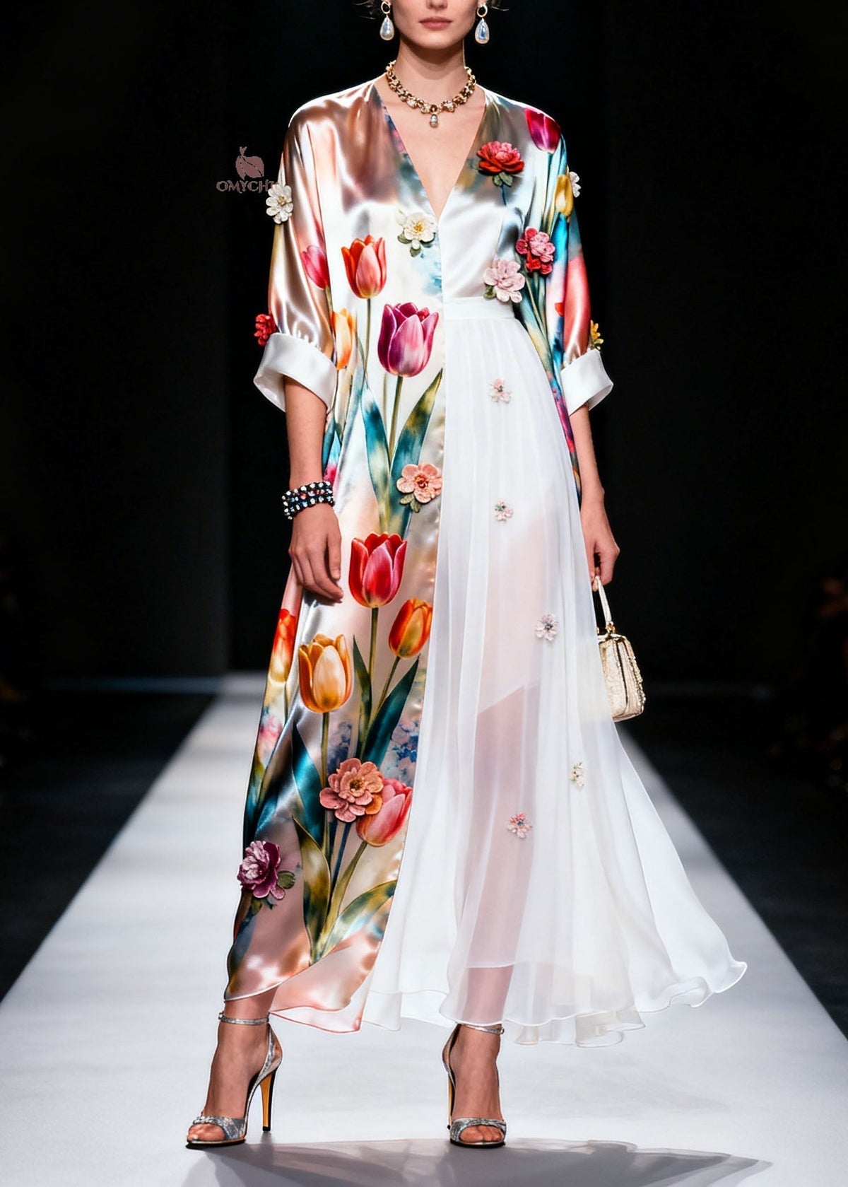 Tulip Floral Satin Chiffon Panel V-Neck Three-Quarter Maxi Gown - View 5