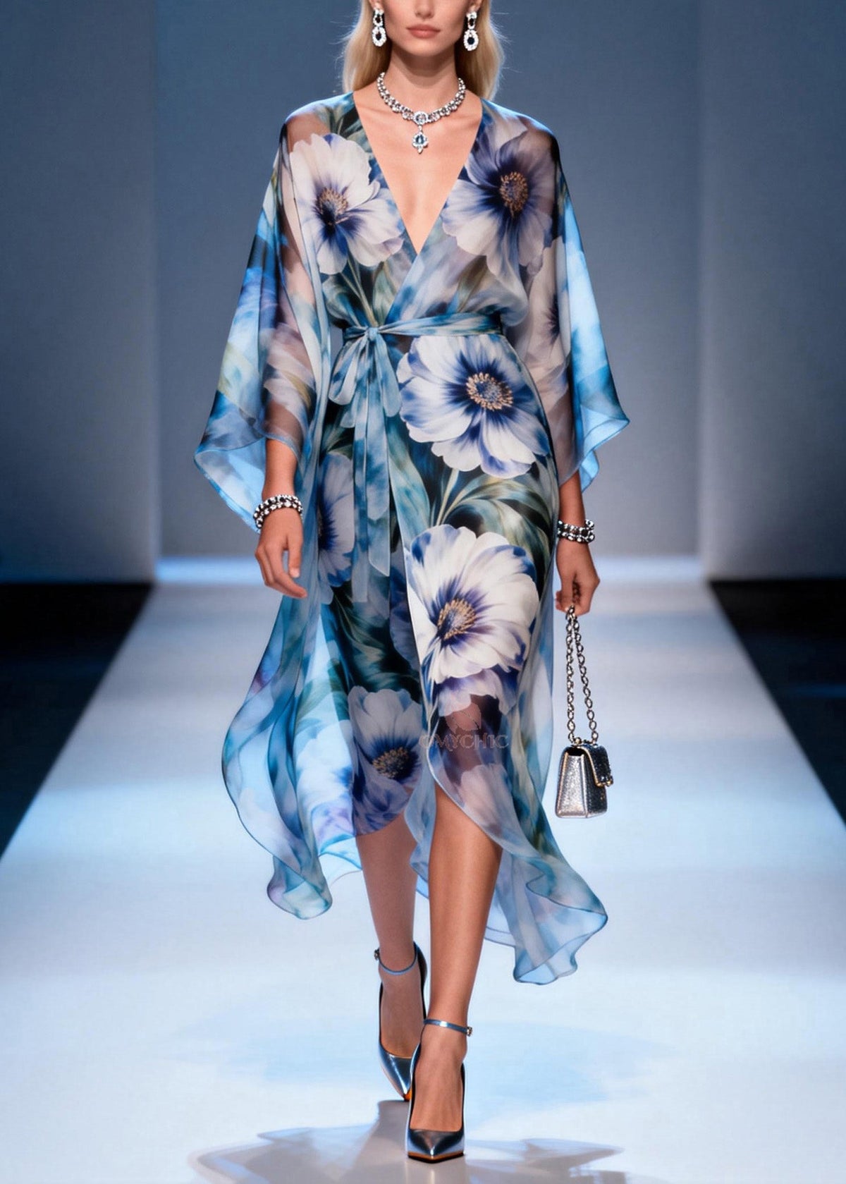 Floral Print Wrap Front Kimono Sleeve Tie Waist Maxi Dress - View 3