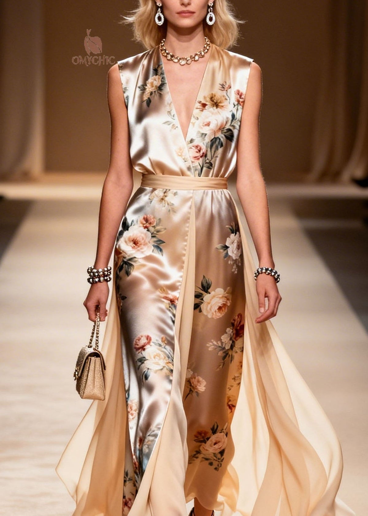 Floral Print Sleeveless V-Neck Belted Chiffon Panel Maxi Gown - View 2