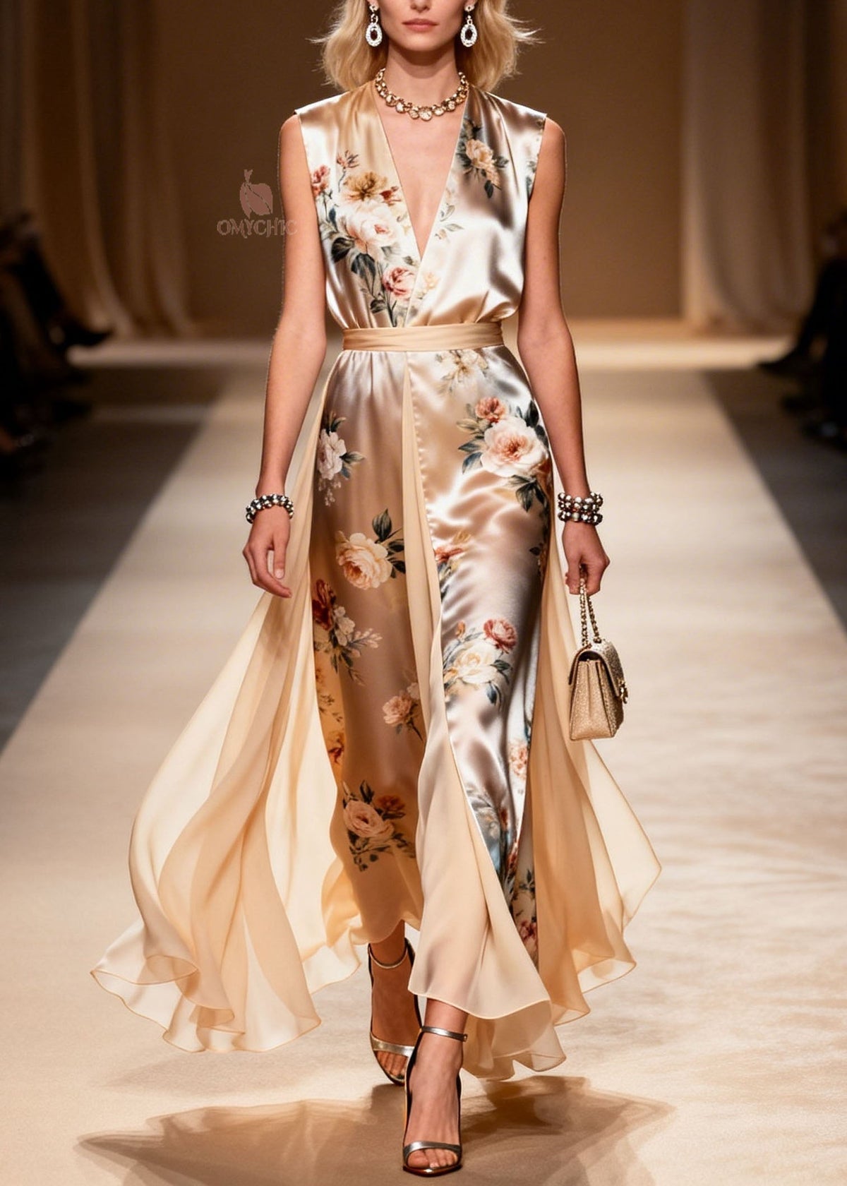 Floral Print Sleeveless V-Neck Belted Chiffon Panel Maxi Gown - View 3
