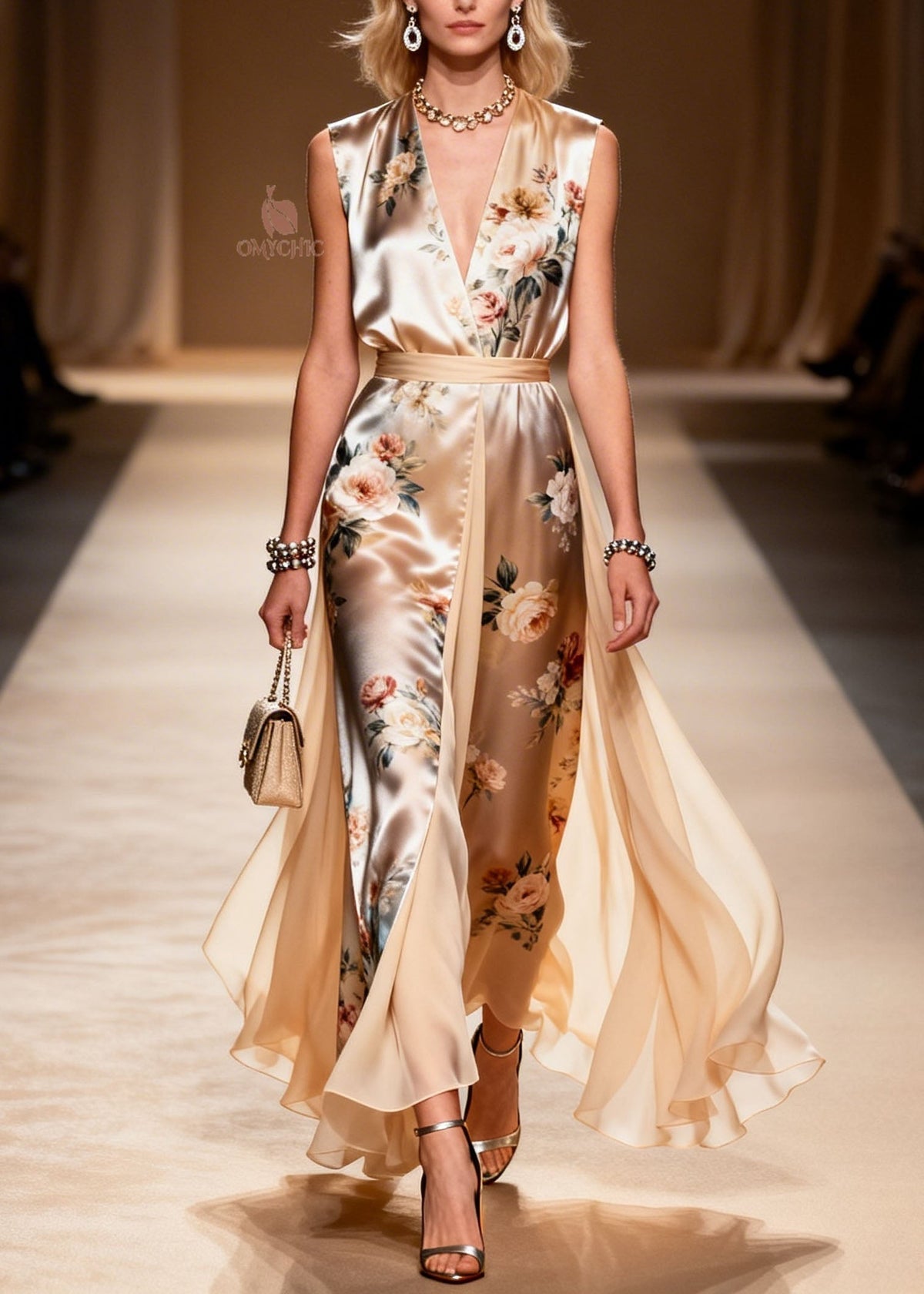 Floral Print Sleeveless V-Neck Belted Chiffon Panel Maxi Gown - View 5