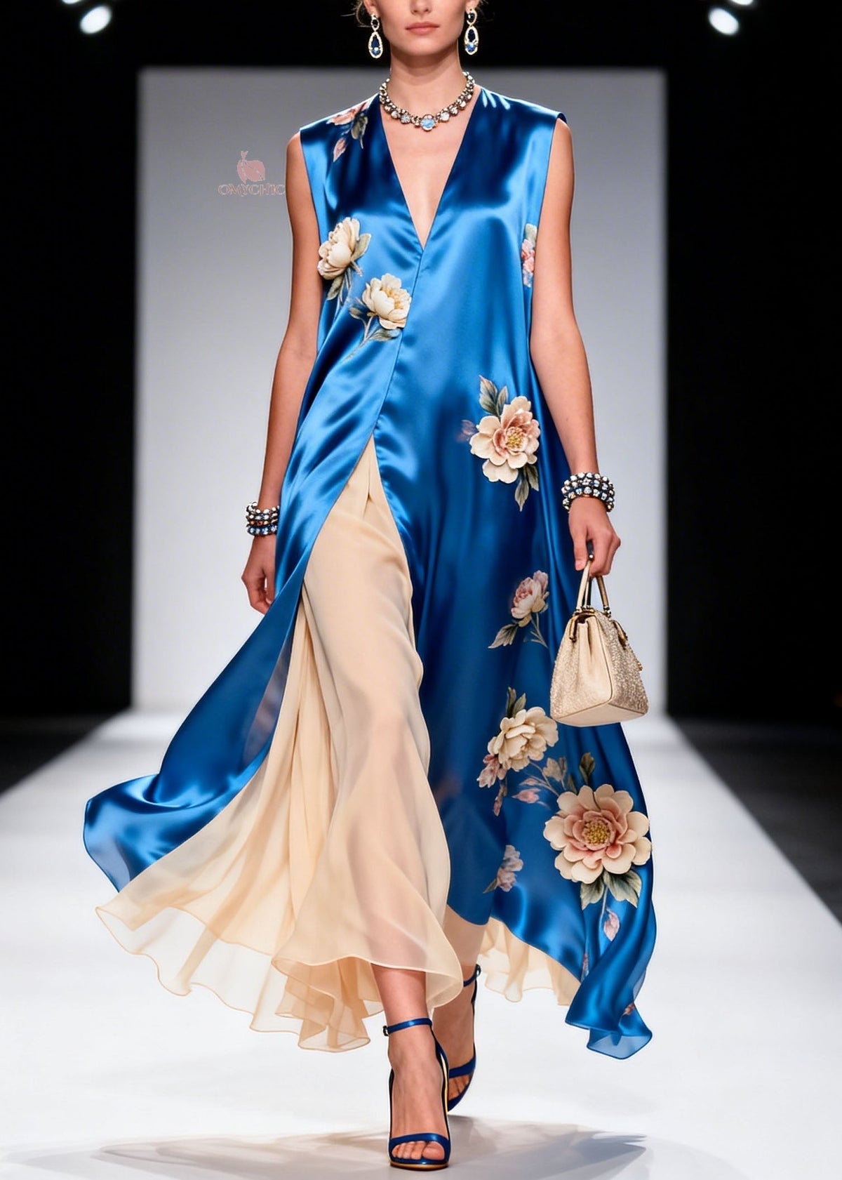 Plus Size Floral Print Satin V-Neck Sleeveless Center Maxi Dress