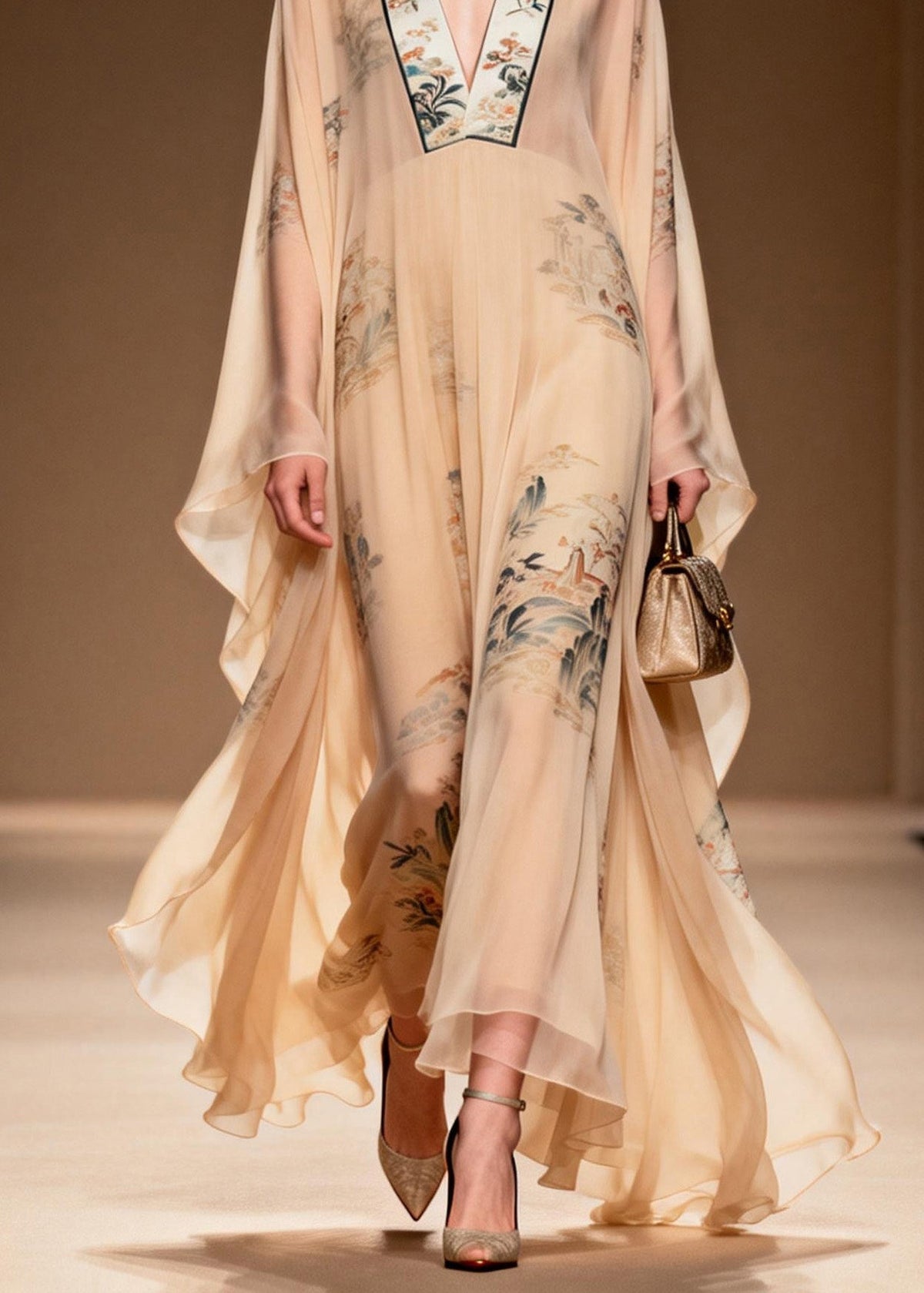 Landscape Print Mandarin Collar Deep V-Neck Cape Sleeve Maxi Gown - View 4