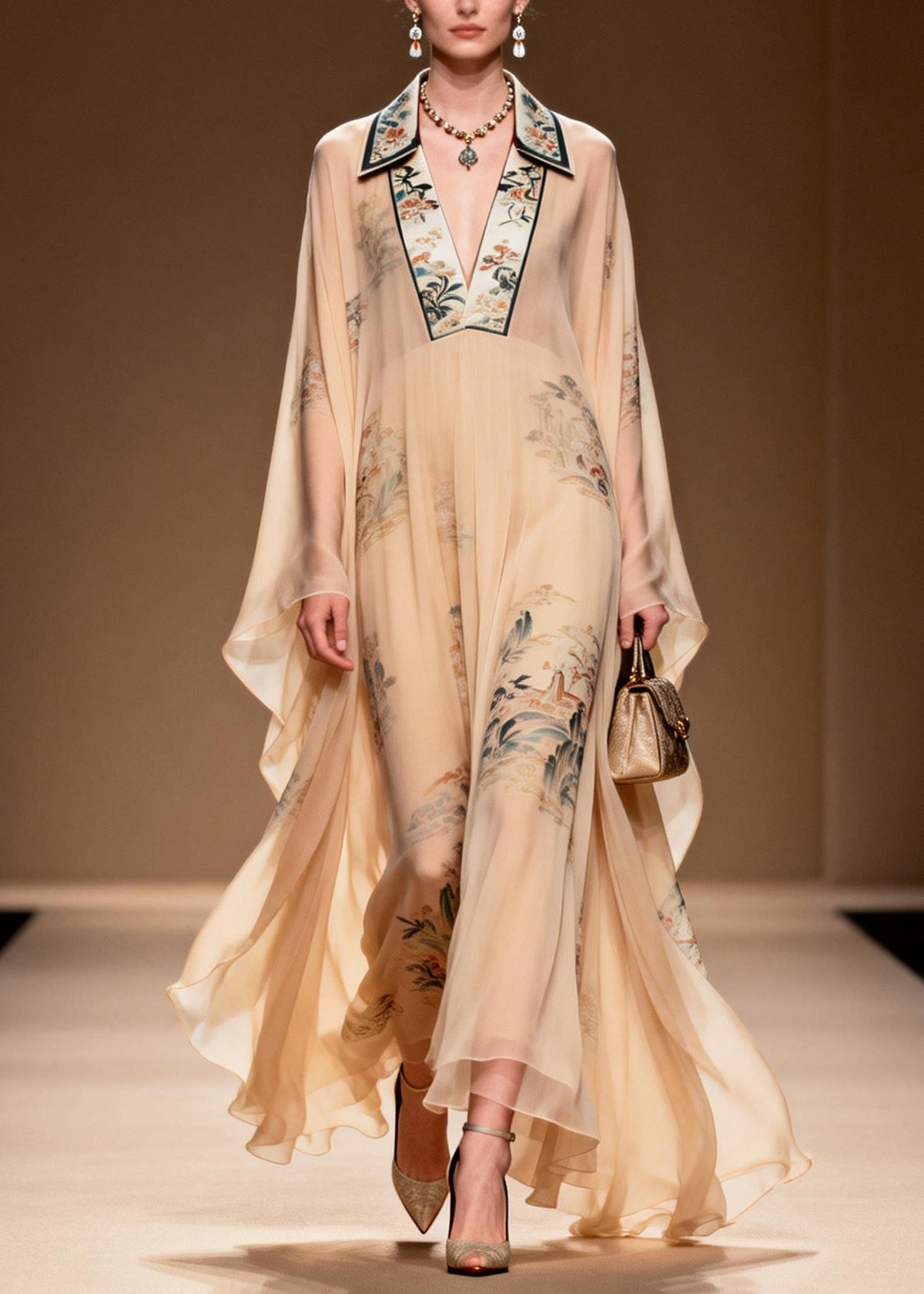 Landscape Print Mandarin Collar Deep V-Neck Cape Sleeve Maxi Gown - View 5