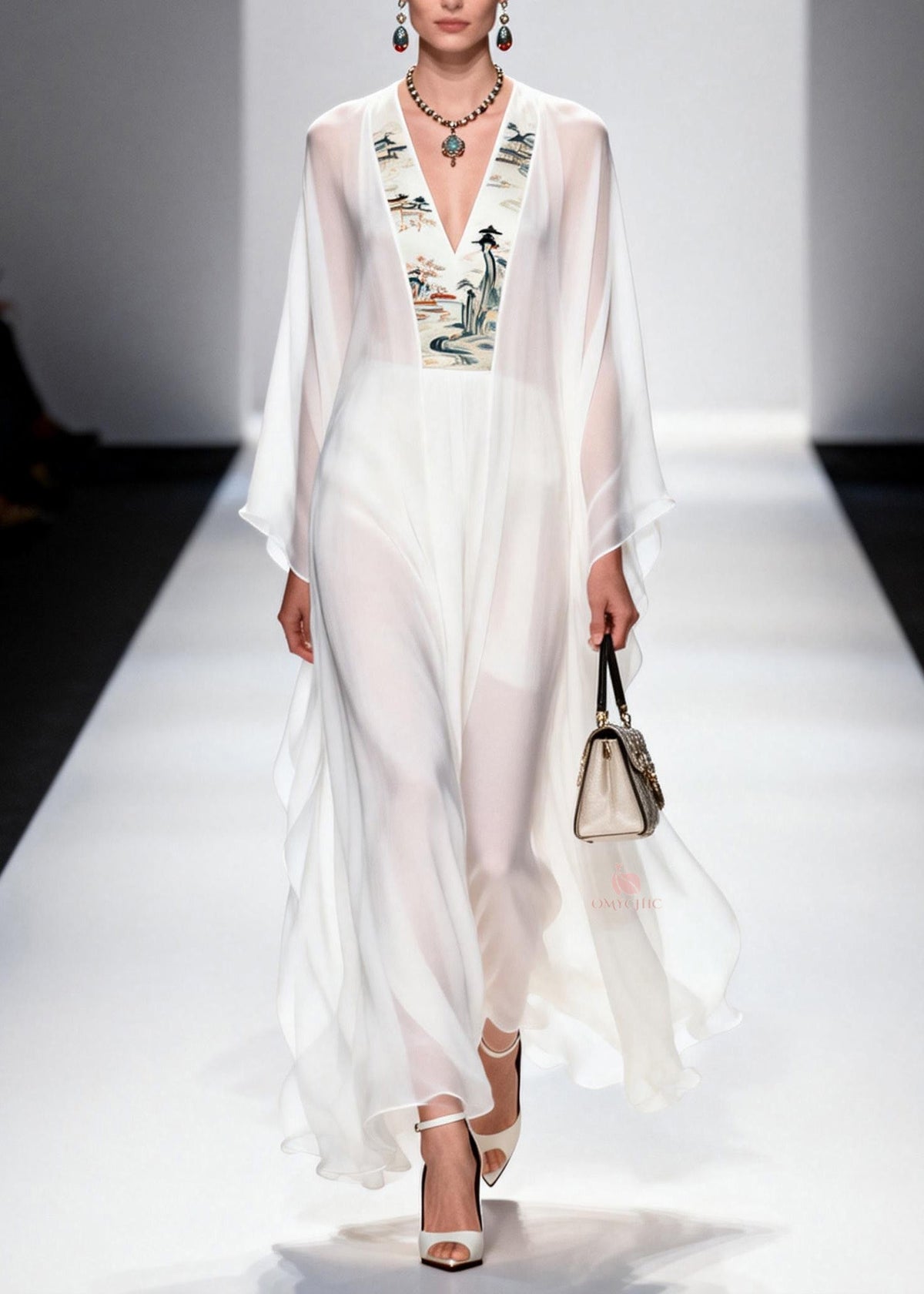Oriental Landscape Panel Deep V-Neck Angel Sleeve Maxi Dress - View 3