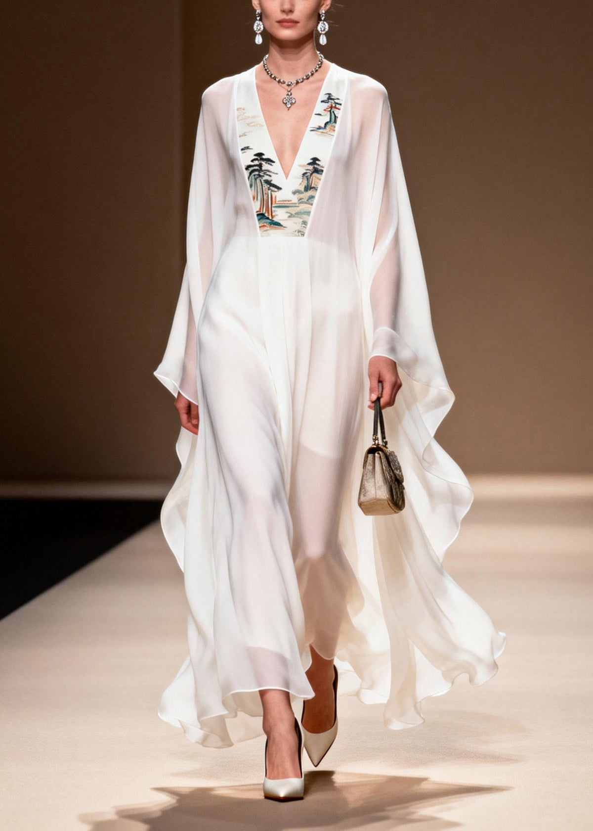 Landscape Embroidery Border Deep V-Neck Cape Sleeve Kaftan Maxi Gown - View 3