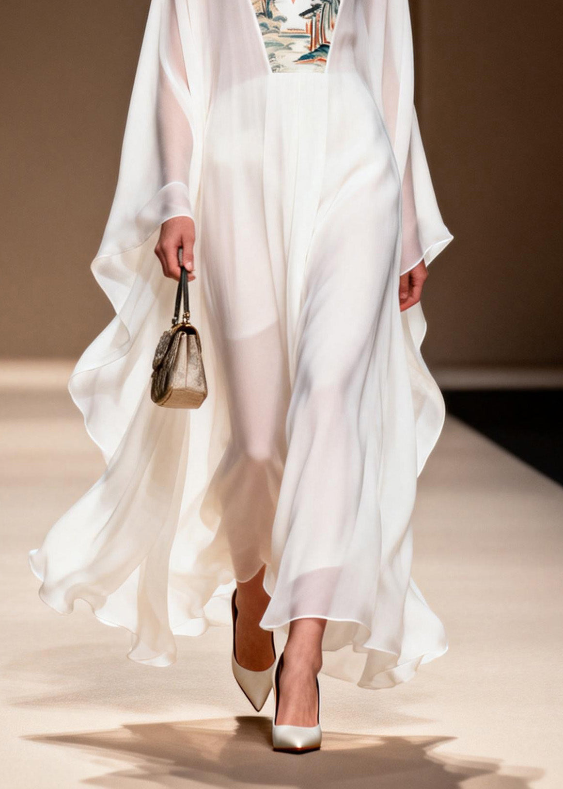 Landscape Embroidery Border Deep V-Neck Cape Sleeve Kaftan Maxi Gown - View 4