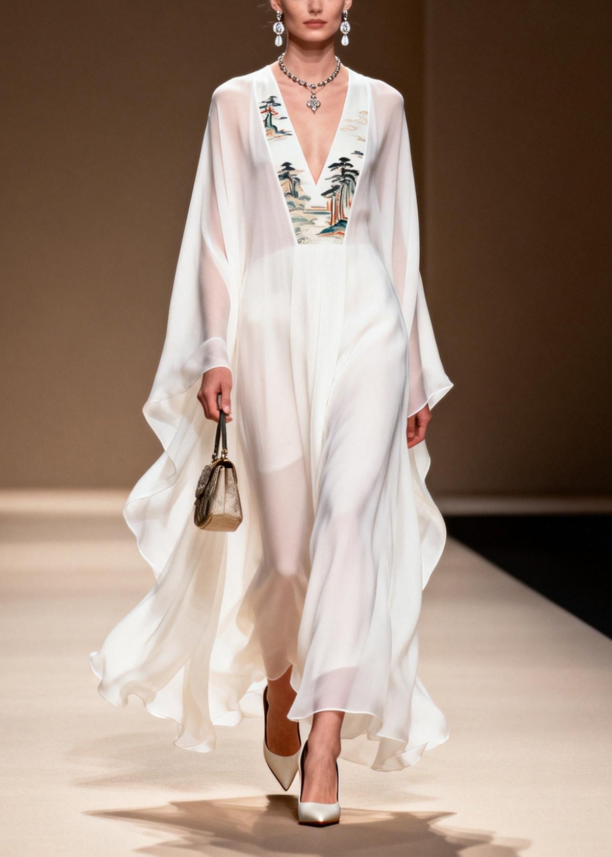 Landscape Embroidery Border Deep V-Neck Cape Sleeve Kaftan Maxi Gown - View 5