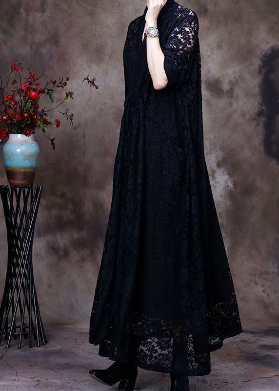 Plus Size Black V-Neck Lace Party Dress Spring - View 2