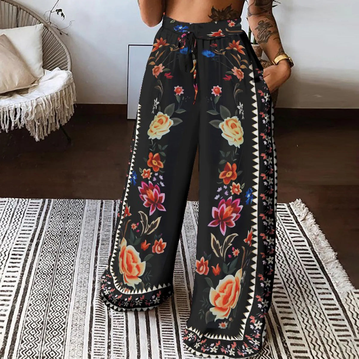 Printed Boho Beach Long Pants Black / S