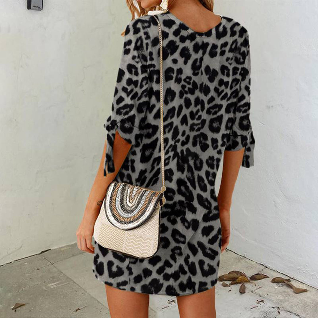 Leopard Print Tie Cuff Three Quarter Sleeve Shift Mini Dress - View 3
