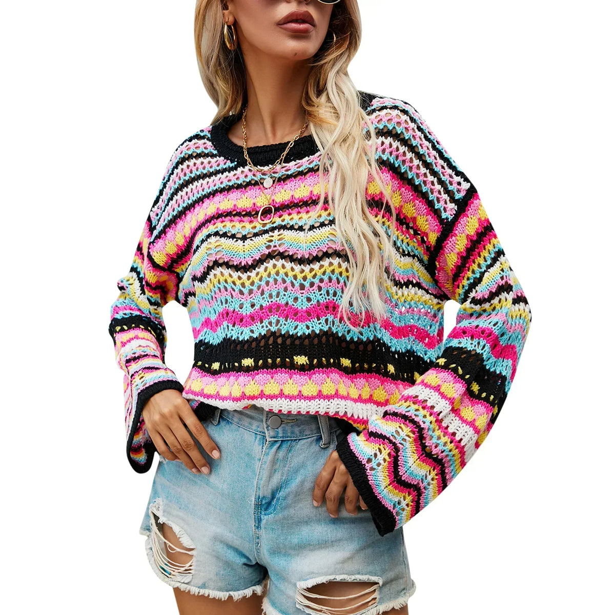 Vintage 90s Crochet Flared Sleeves Sweater Black / S