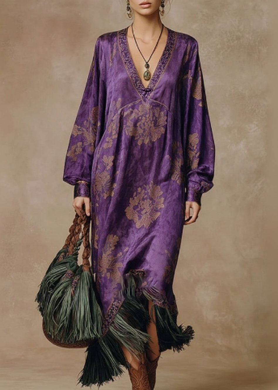 Floral Damask Deep V-Neck Long Sleeve Tassel Fringe Midi Dress - View 5