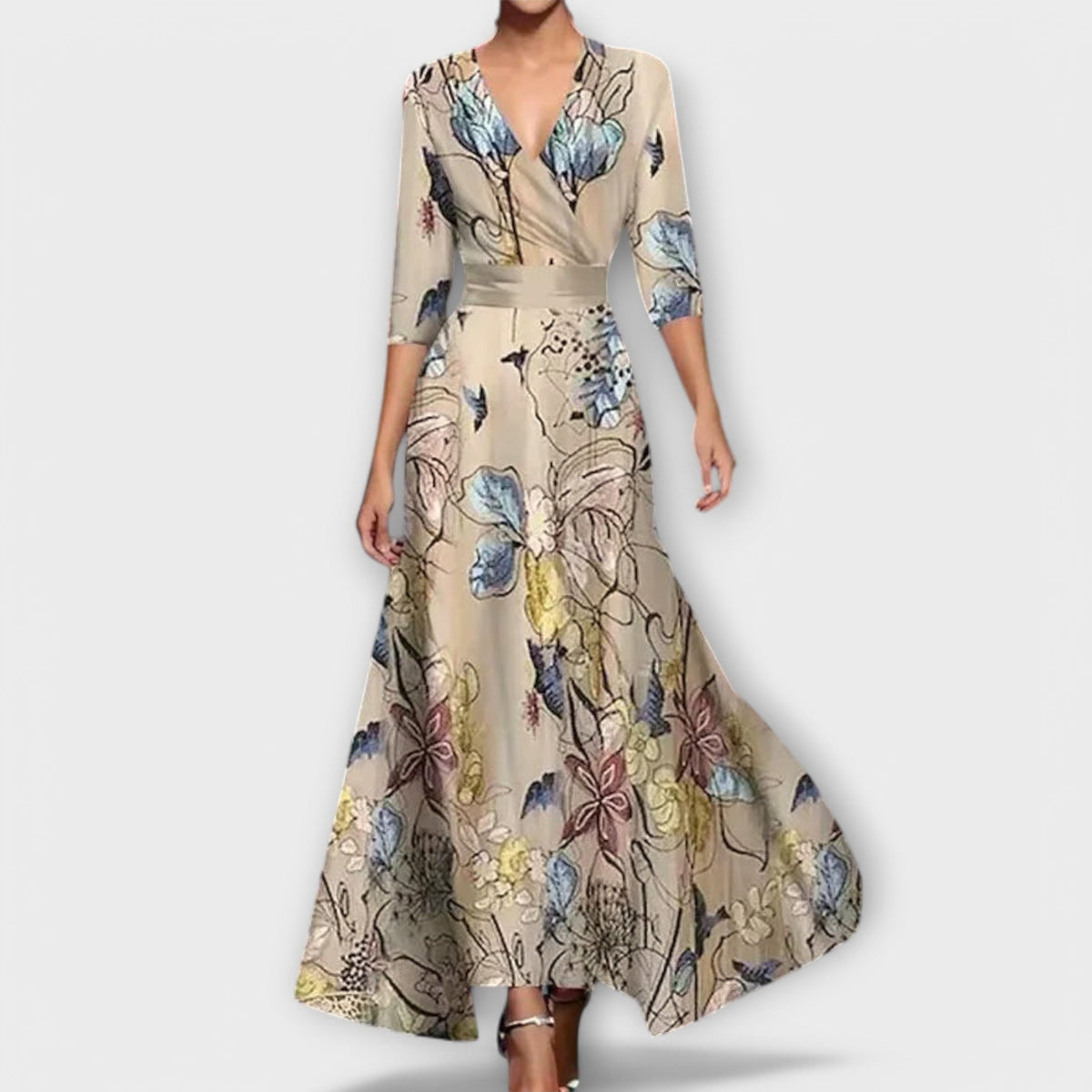Deep V-Neck Wrap Bodice 3/4 Sleeve Belted A-Line Maxi Dress - View 2