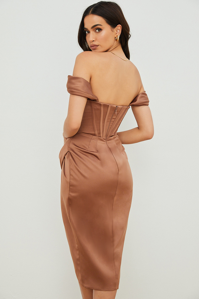Satin Off Shoulder Dress in Green - View 23