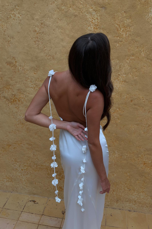 Spaghetti Strap Satin Low Back Floral Applique Tie Strap Maxi Gown - View 10