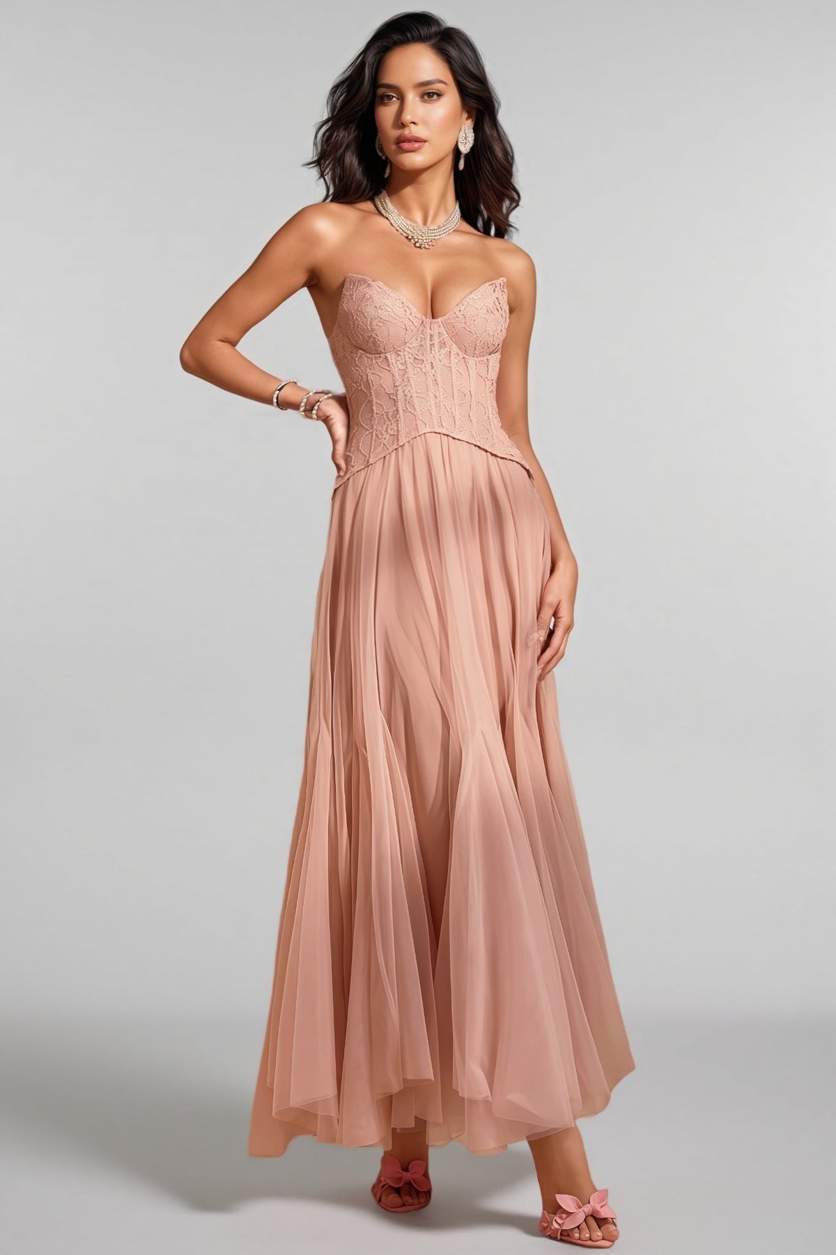 Nhucha Strapless Lace Mesh Maxi Dress