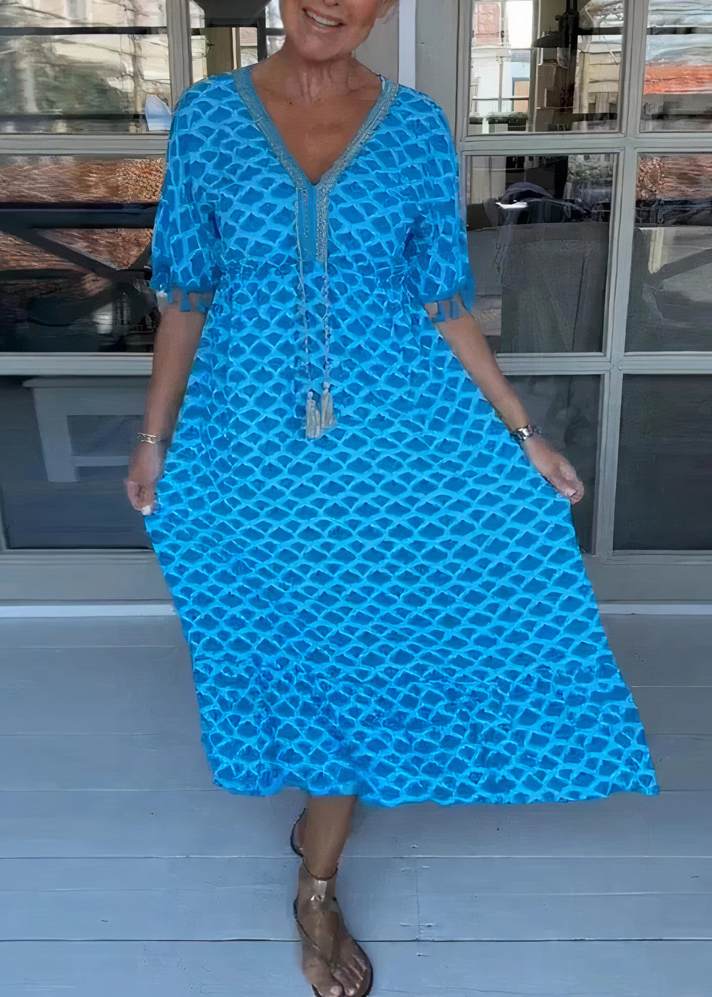 Deep V-Neck Diamond Lace Overlay Tassel Trim Short Sleeve Midi Dress - View 4