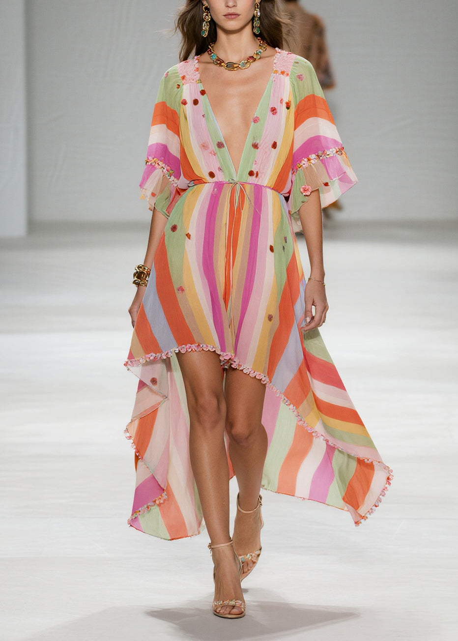 Rainbow Striped Chiffon Party Dress Ruffled Low High Design Summer - View 5