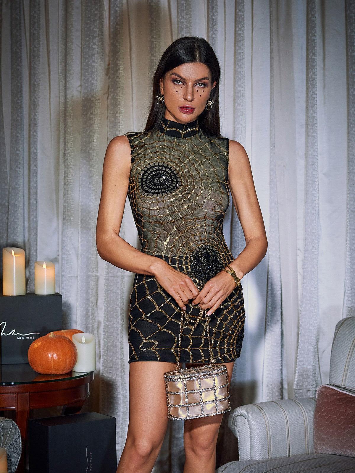 Sequin Web Mesh Mock Neck Bodycon Mini Dress - View 5